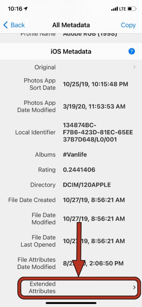 How to view xattr metadata on iPhone or iPad using the free app Photo Investigator 