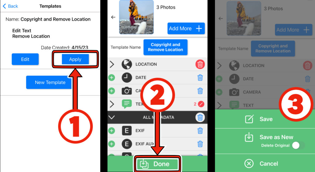 Applying a metadata editing template to multiple photos and videos on an iPhone, iPad, or Mac