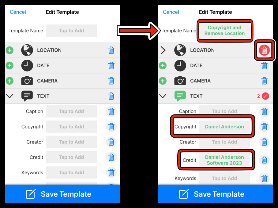 Customizing a metadata editing template on iPhone