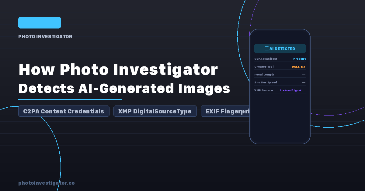 Photo Investigator showing AI detection badge with C2PA, XMP, and EXIF metadata signals