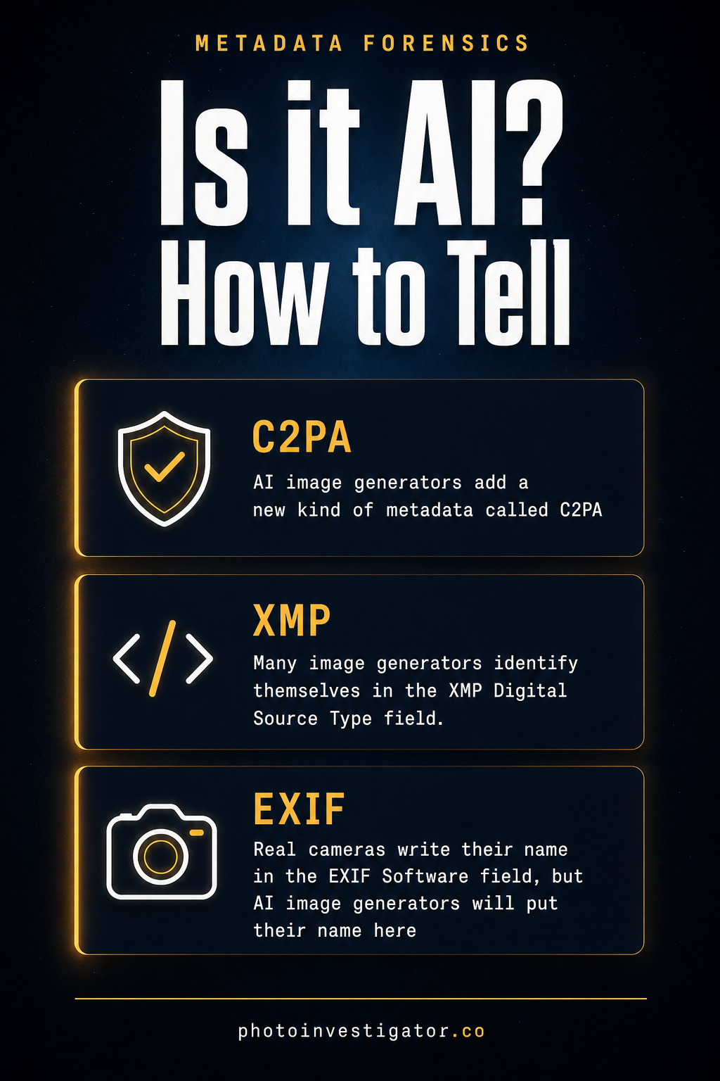 Is it AI? How to Tell: 3 metadata signals infographic
