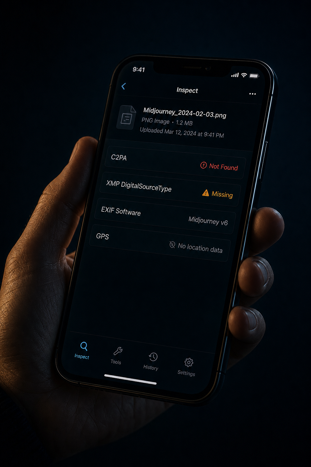 iPhone showing metadata inspection: C2PA, XMP DigitalSourceType, EXIF Software fields